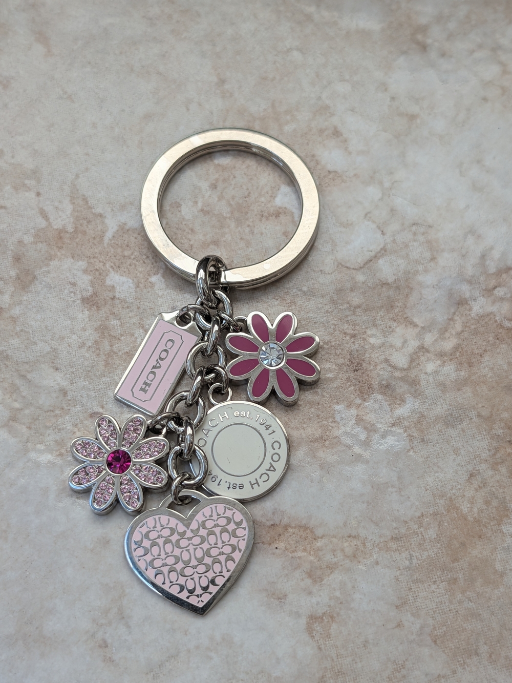 COACH Pink Floral & Heart Charm Key Ring